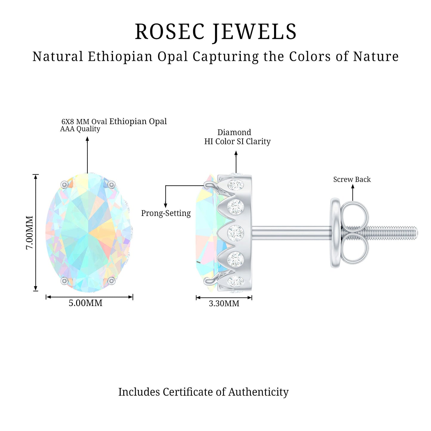 Natural 2.4 Carat Oval Ethiopian Opal Classic Stud Earrings with Diamond