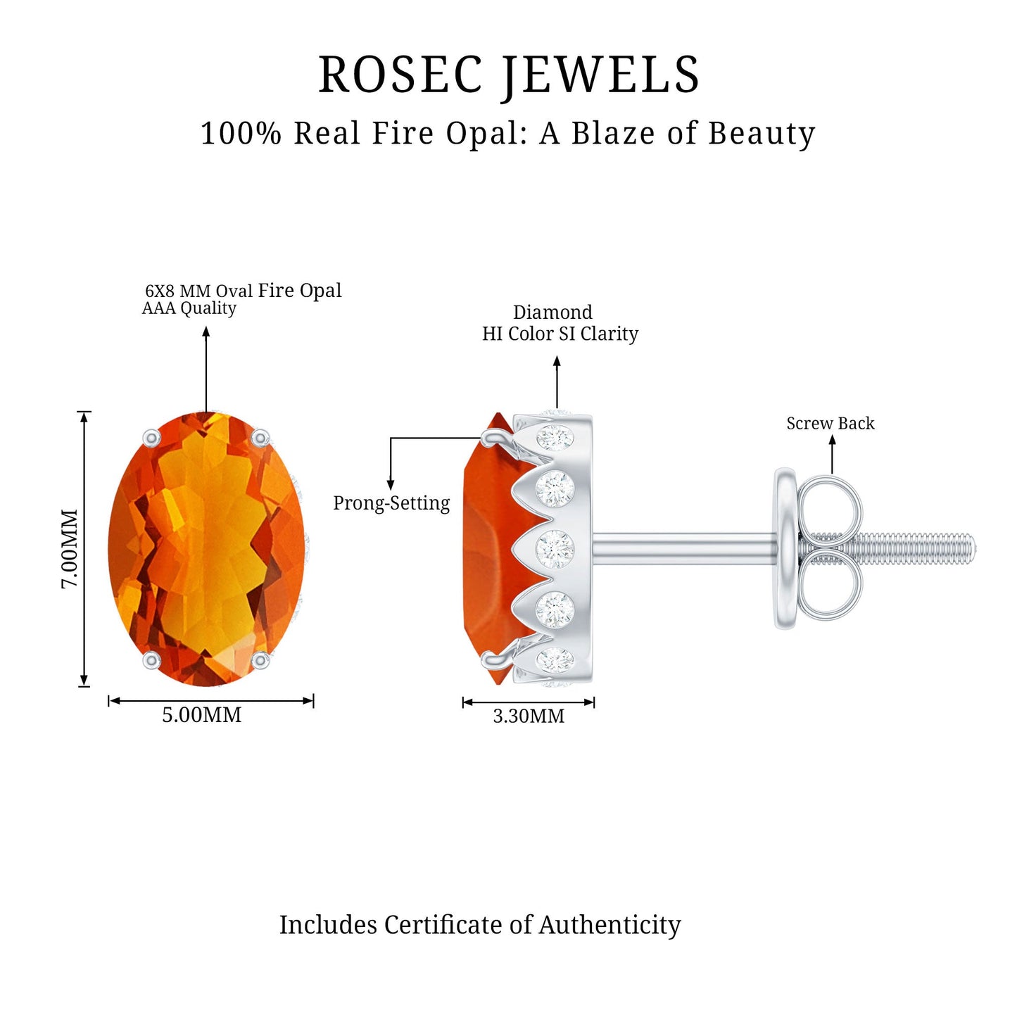 Natural Fire Opal Diamond Stud Earrings with Screw Back