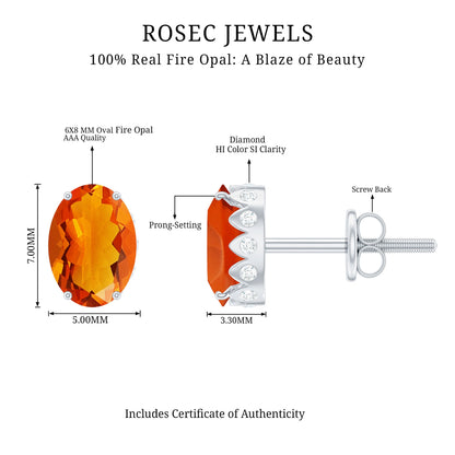 Natural Fire Opal Diamond Stud Earrings with Screw Back