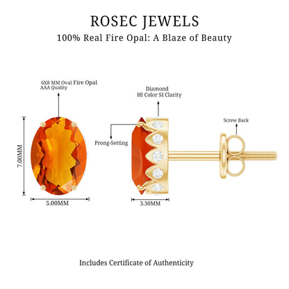 Natural Fire Opal Diamond Stud Earrings with Screw Back