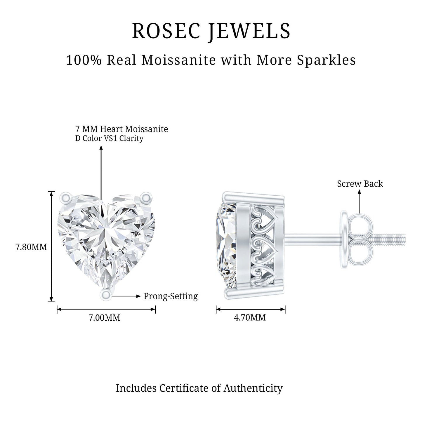 Certified 3 Carat Moissanite Heart Earrings For Women