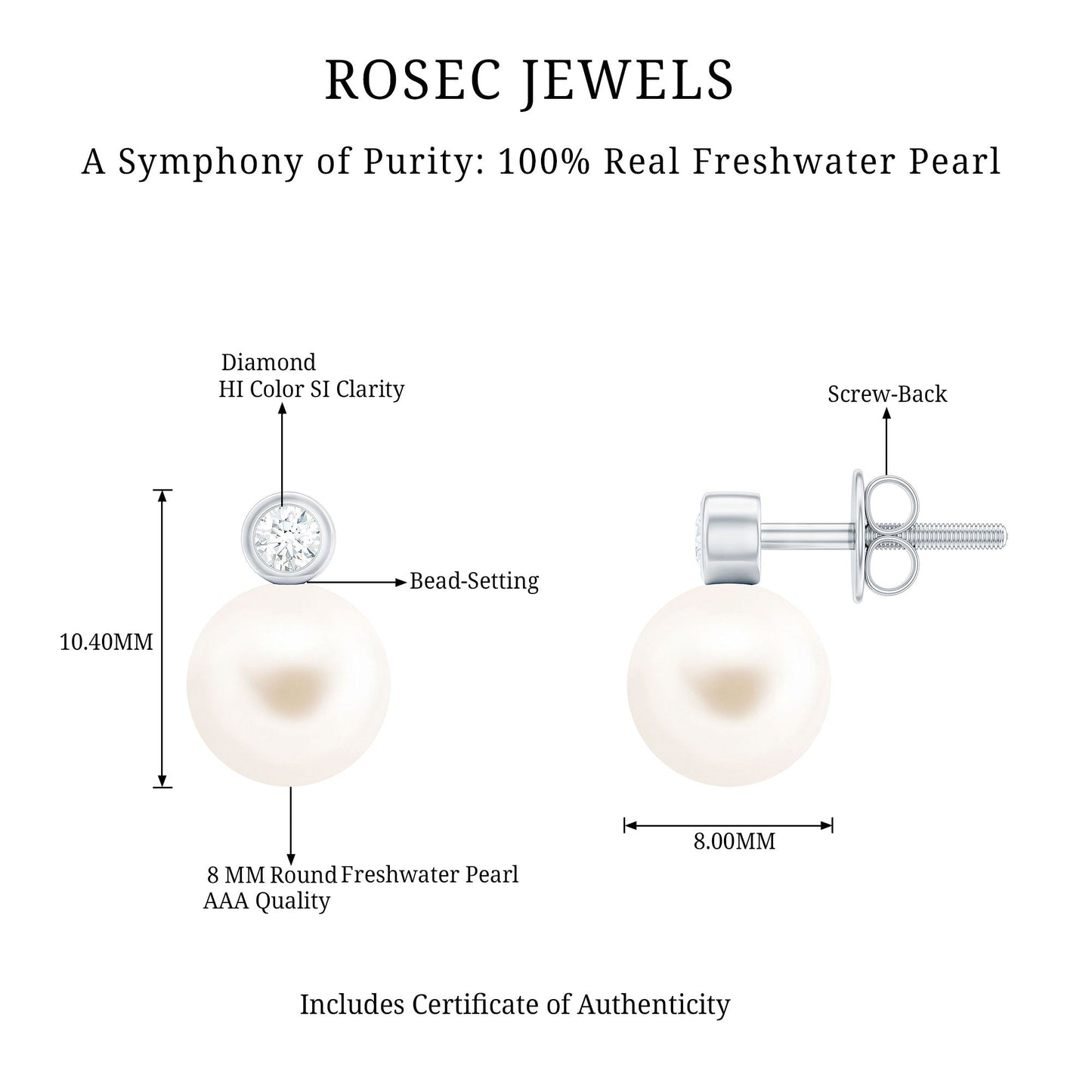 Genuine Freshwater Pearl Diamond Stud Earrings with Screw Back