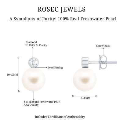 Genuine Freshwater Pearl Diamond Stud Earrings with Screw Back