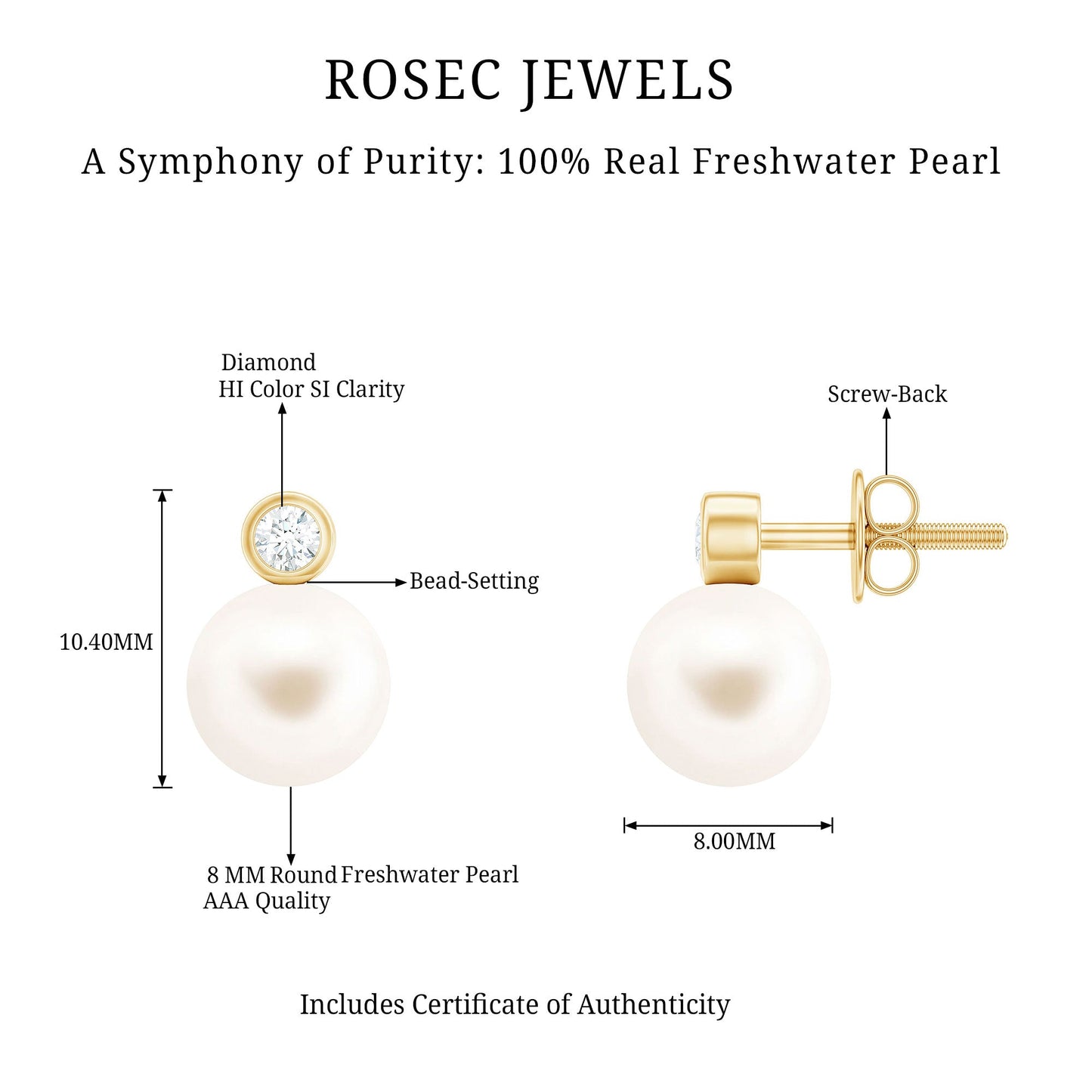 Genuine Freshwater Pearl Diamond Stud Earrings with Screw Back