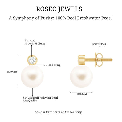 Genuine Freshwater Pearl Diamond Stud Earrings with Screw Back