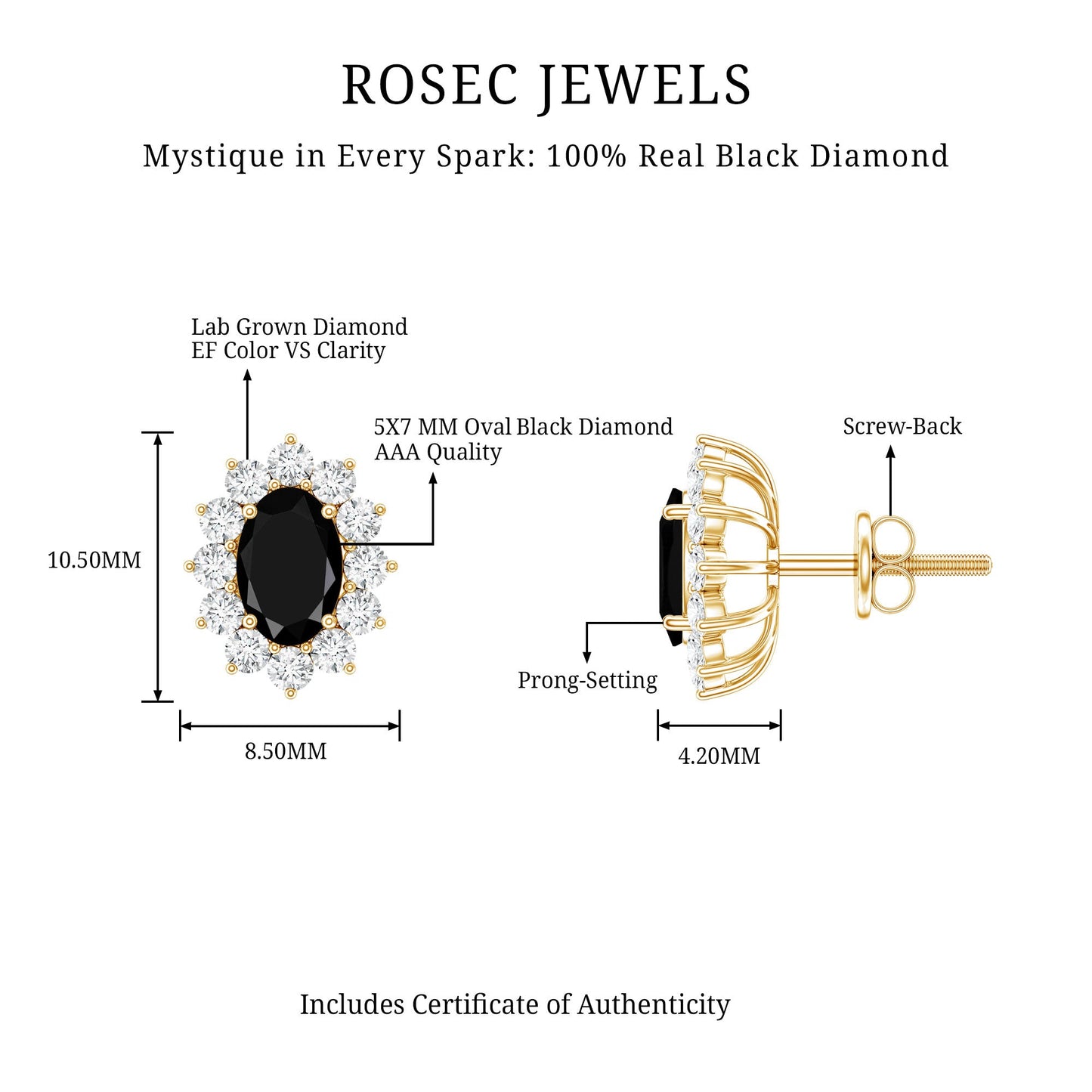 2 Carat Oval Shaped Black and White Diamond Stud Earrings in Yellow Gold Plated Silver