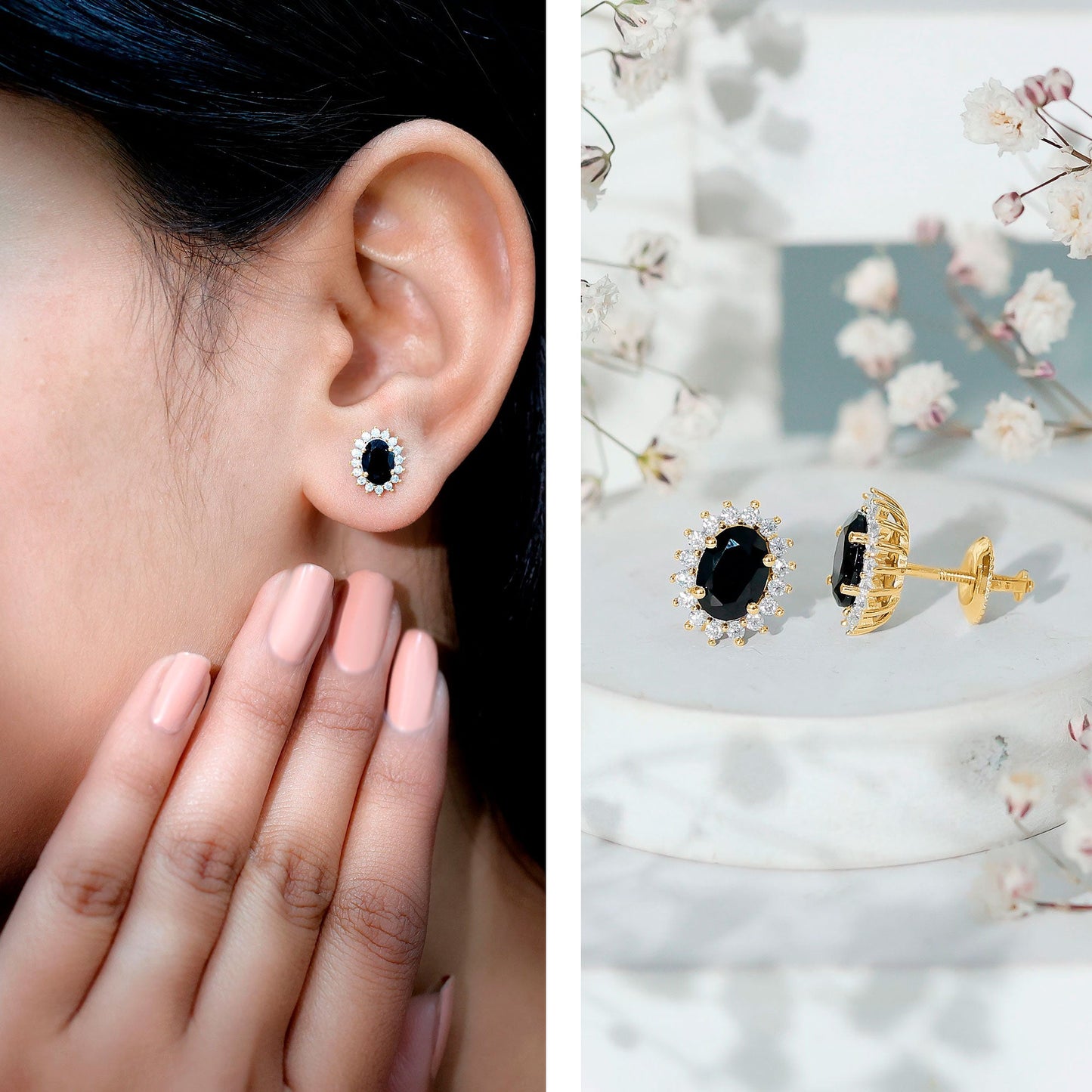 2 Carat Oval Shaped Black and White Diamond Stud Earrings in Yellow Gold Plated Silver
