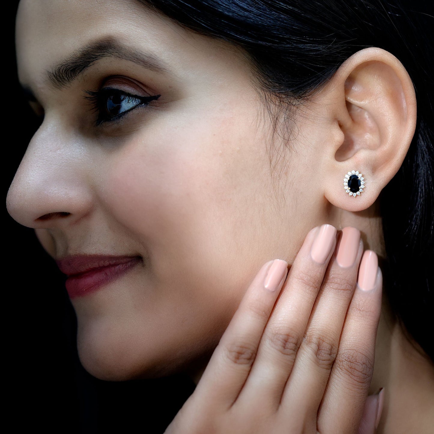 2 Carat Oval Shaped Black and White Diamond Stud Earrings in Yellow Gold Plated Silver