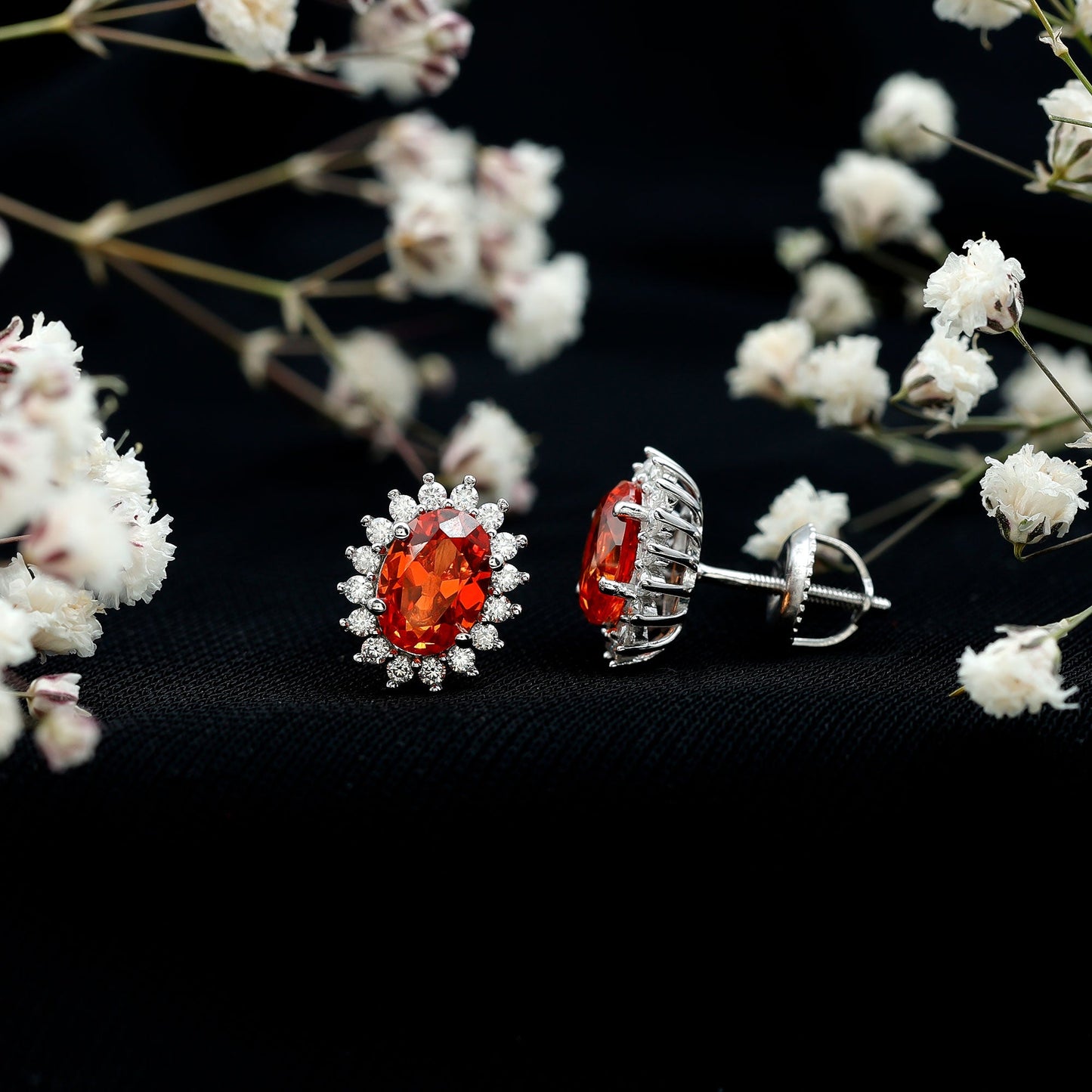 Lab Created 2 Carat Orange Sapphire Stud Earrings with Moissanite Halo