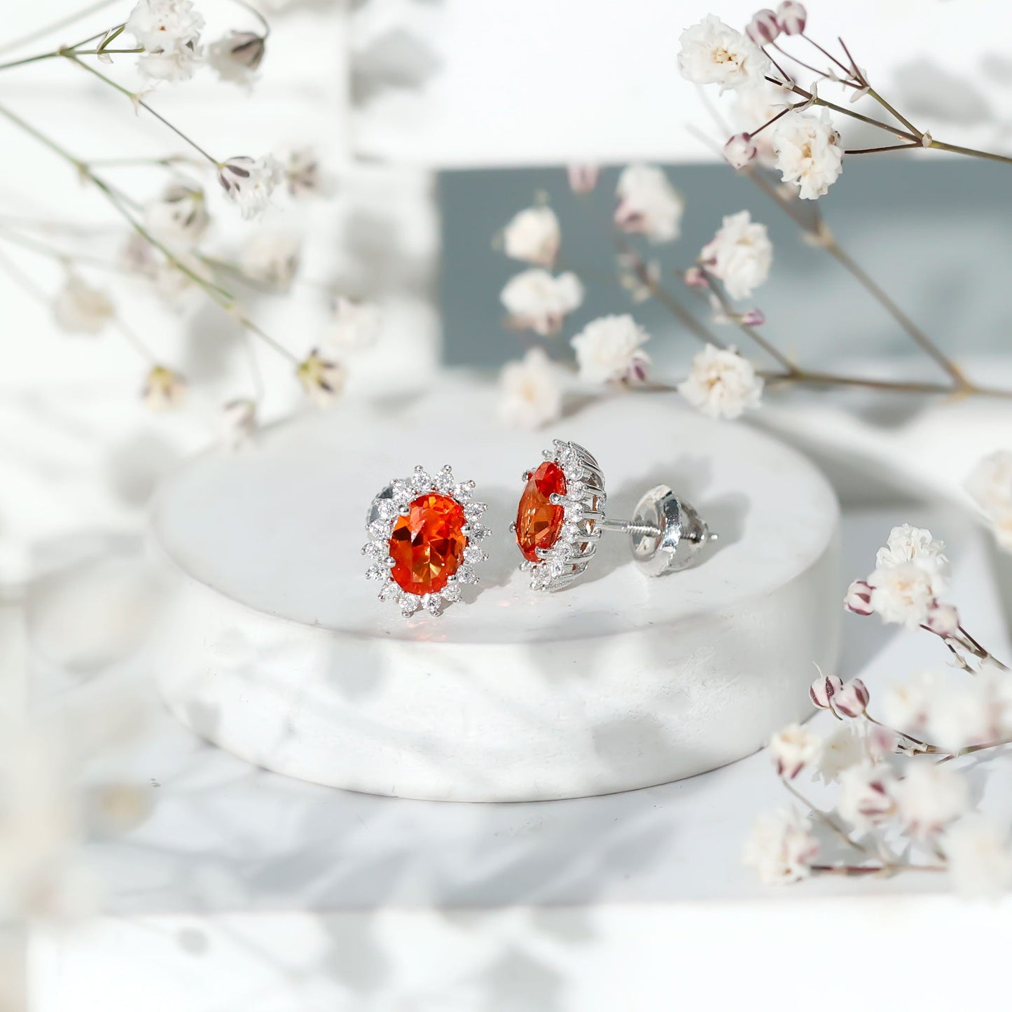 Lab Created 2 Carat Orange Sapphire Stud Earrings with Moissanite Halo