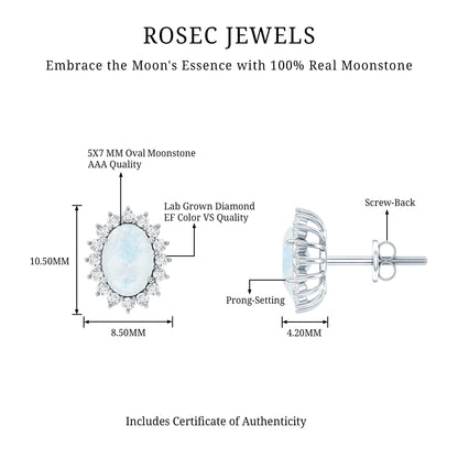 Genuine 2 Carat Moonstone and Diamond Halo Stud Earrings