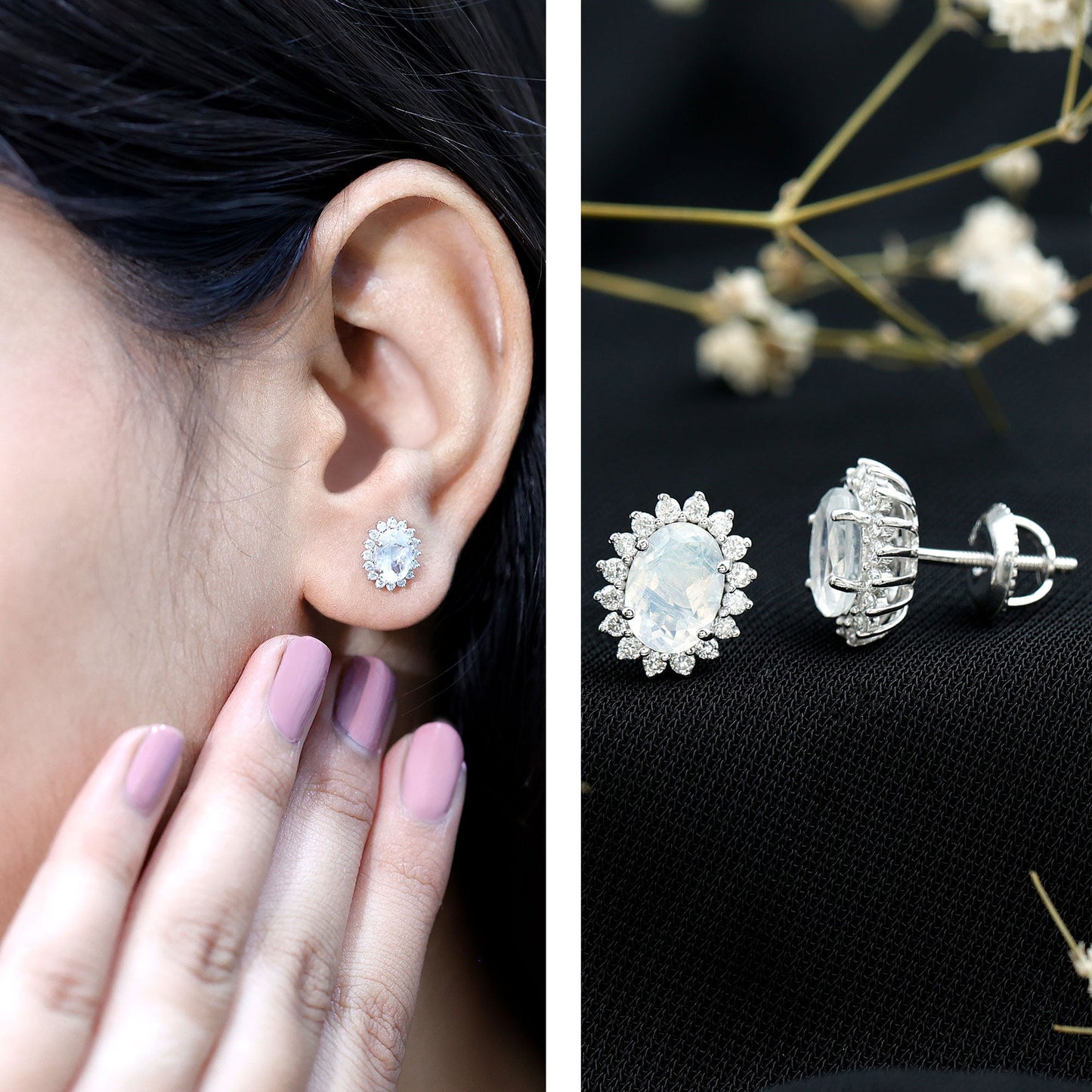Genuine 2 Carat Moonstone and Diamond Halo Stud Earrings