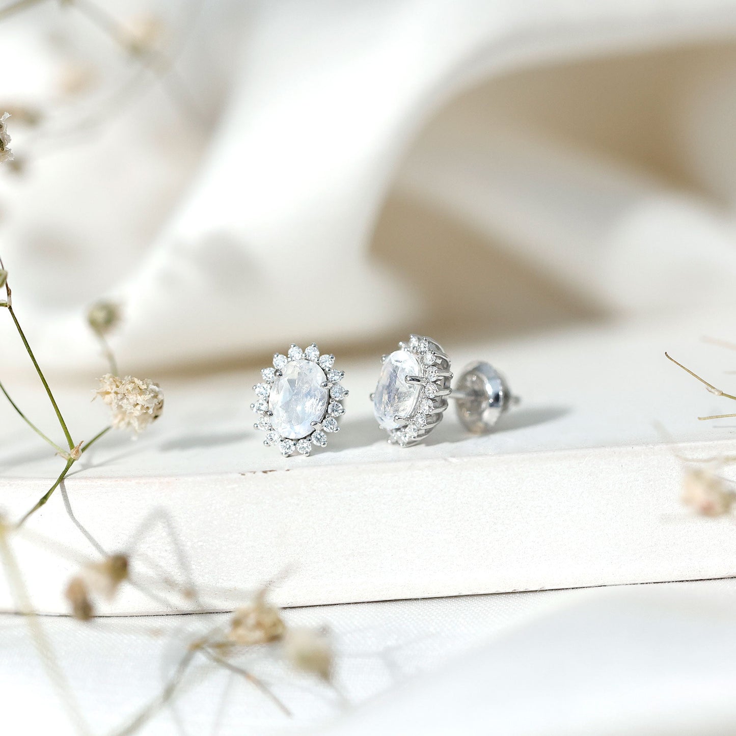 Genuine 2 Carat Moonstone and Diamond Halo Stud Earrings