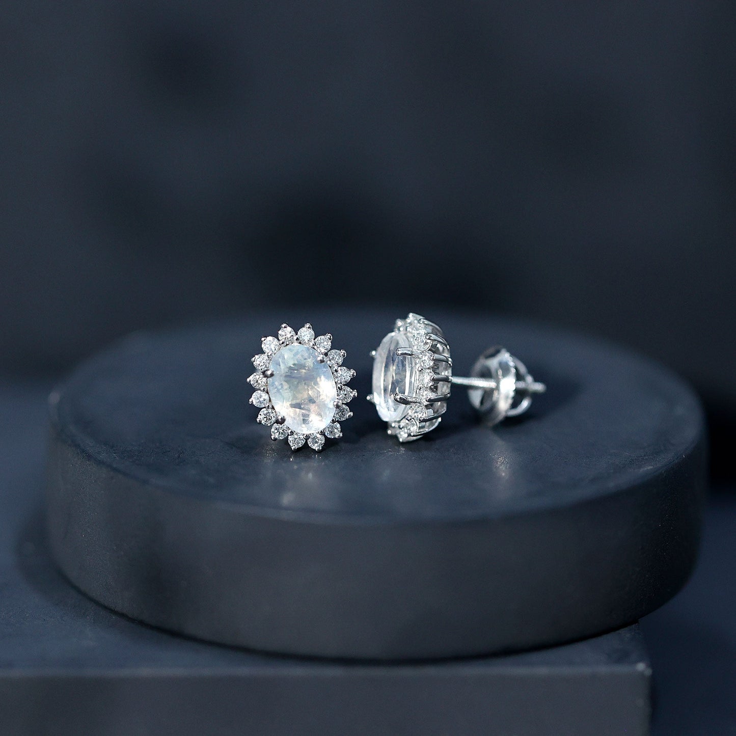 Genuine 2 Carat Moonstone and Diamond Halo Stud Earrings