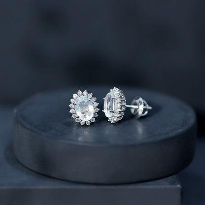 Genuine 2 Carat Moonstone and Diamond Halo Stud Earrings