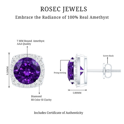 Classic Round Amethyst Halo Stud Earrings with Diamond