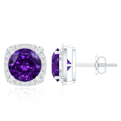 Classic Round Amethyst Halo Stud Earrings with Diamond