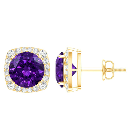 Classic Round Amethyst Halo Stud Earrings with Diamond