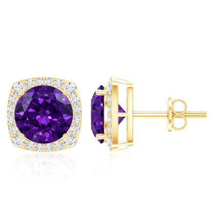Classic Round Amethyst Halo Stud Earrings with Diamond