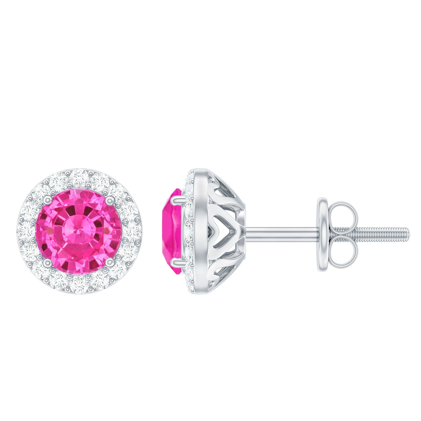 Lab Created Pink Sapphire and Diamond Halo Stud Earrings