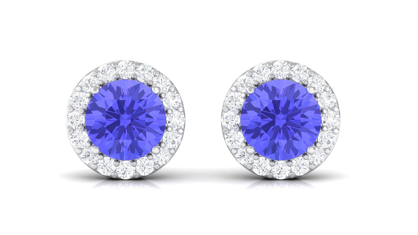 Real Tanzanite Halo Stud Earrings with Dimaond