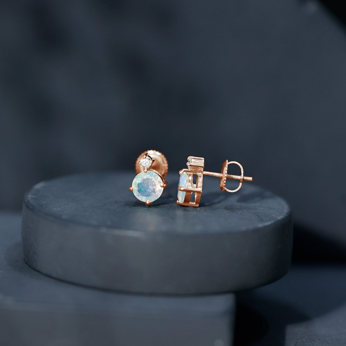 Ethiopian Opal Diamond Solitaire Stud Earrings