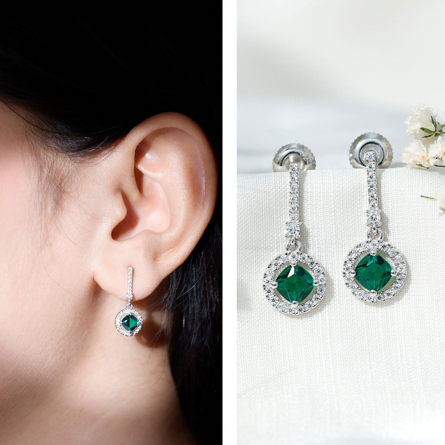 1.8 Carat Lab Grown Emerald Drop Earrings with Moissanite