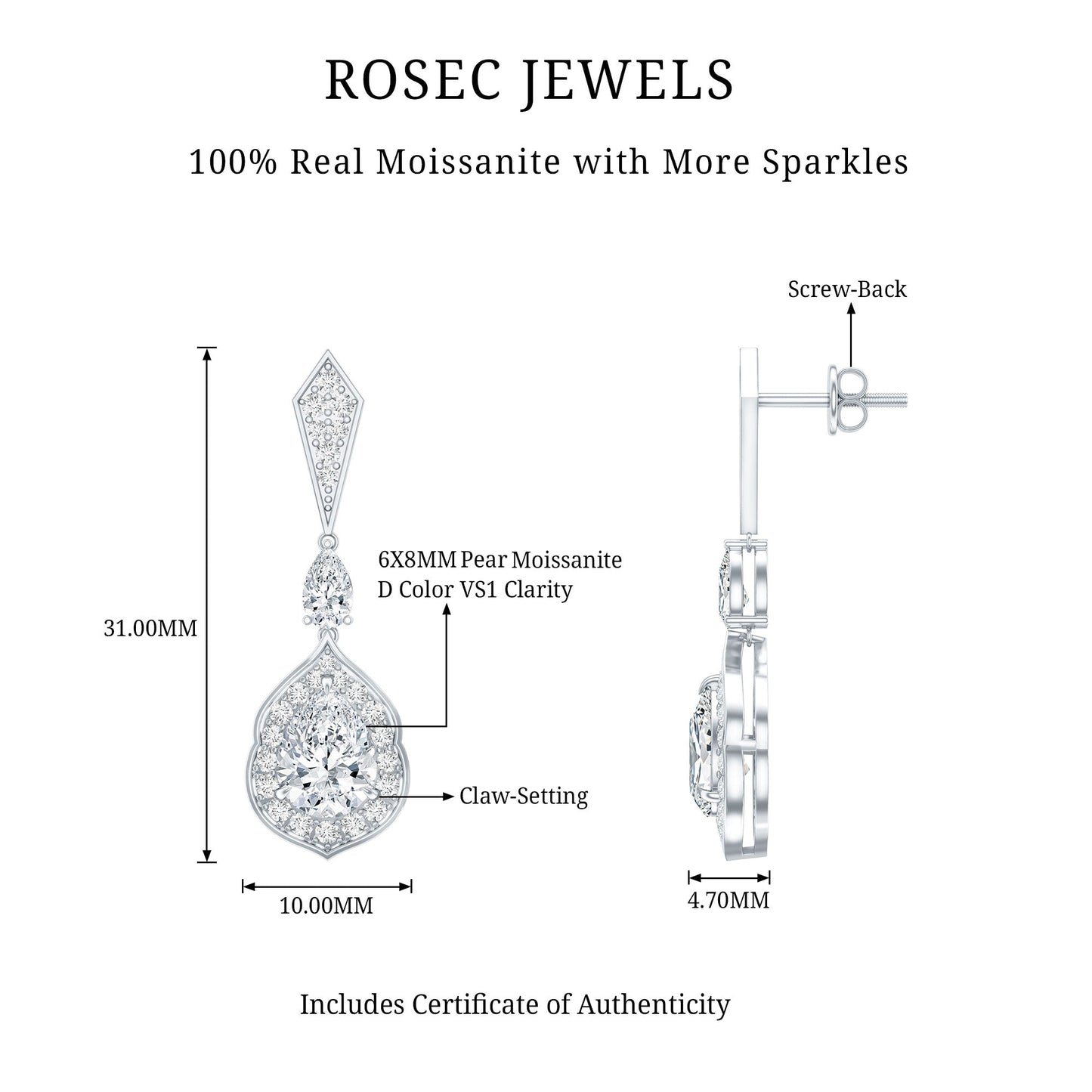 Moissanite Bridal Dangle Earrings in Silver