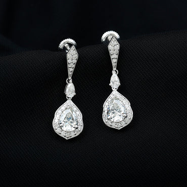 Moissanite Bridal Dangle Earrings in Silver