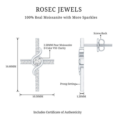 Certified Moissanite Cross Stud Earrings in Silver
