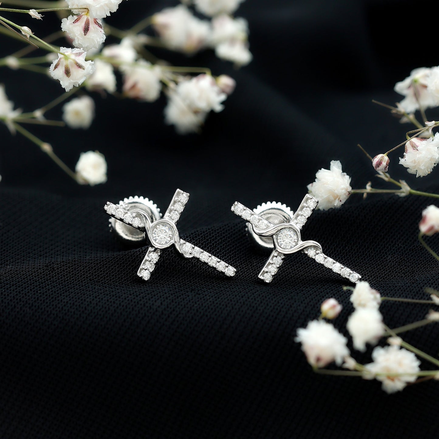 Certified Moissanite Cross Stud Earrings in Silver
