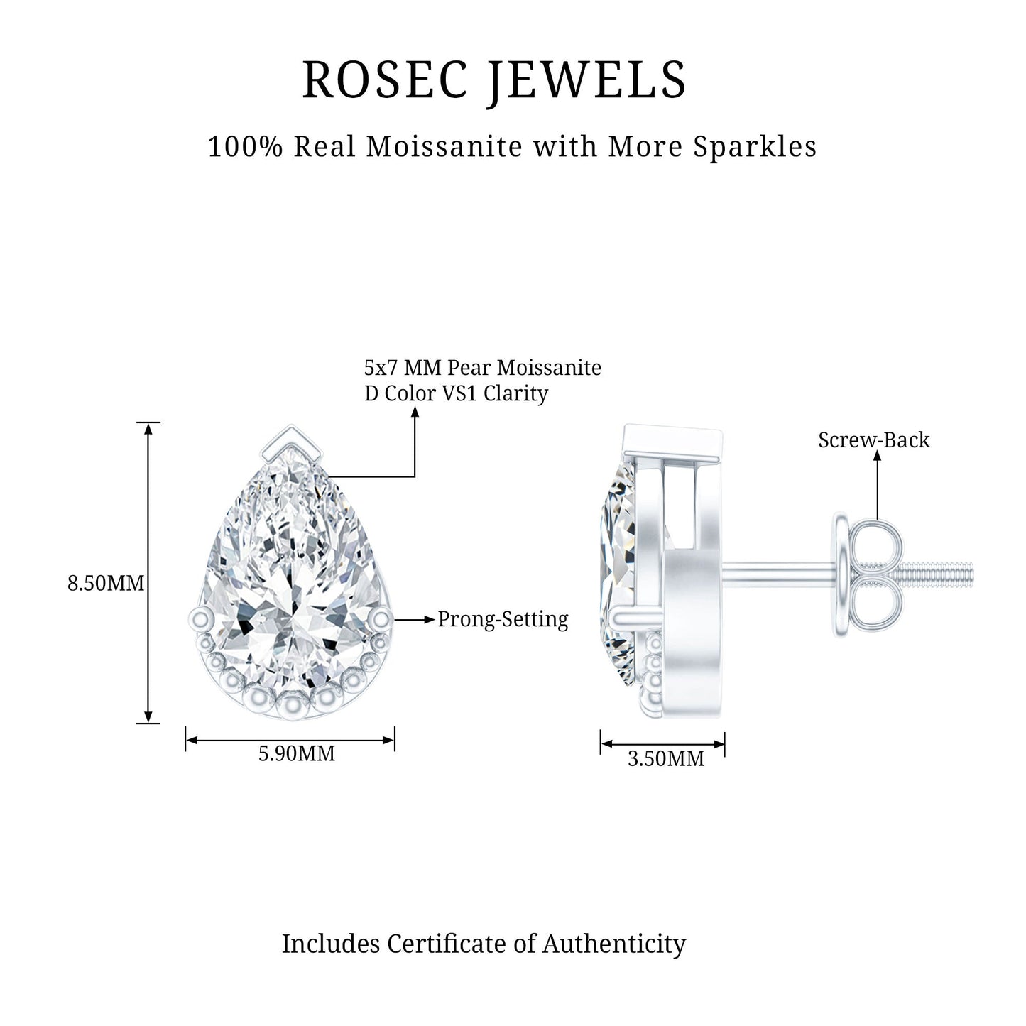 Certified 1.5 Carat Pear Shaped Moissanite Stud Earrings