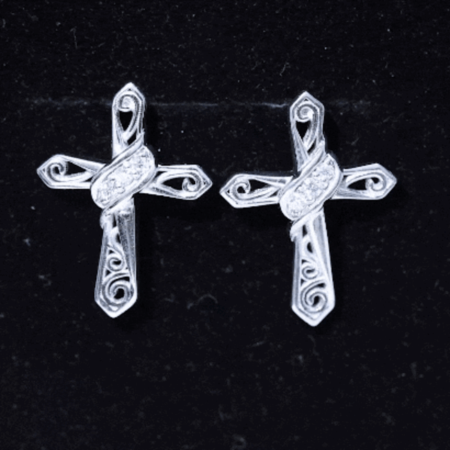 Certified Moissanite Vintage Cross Stud Earrings in Silver