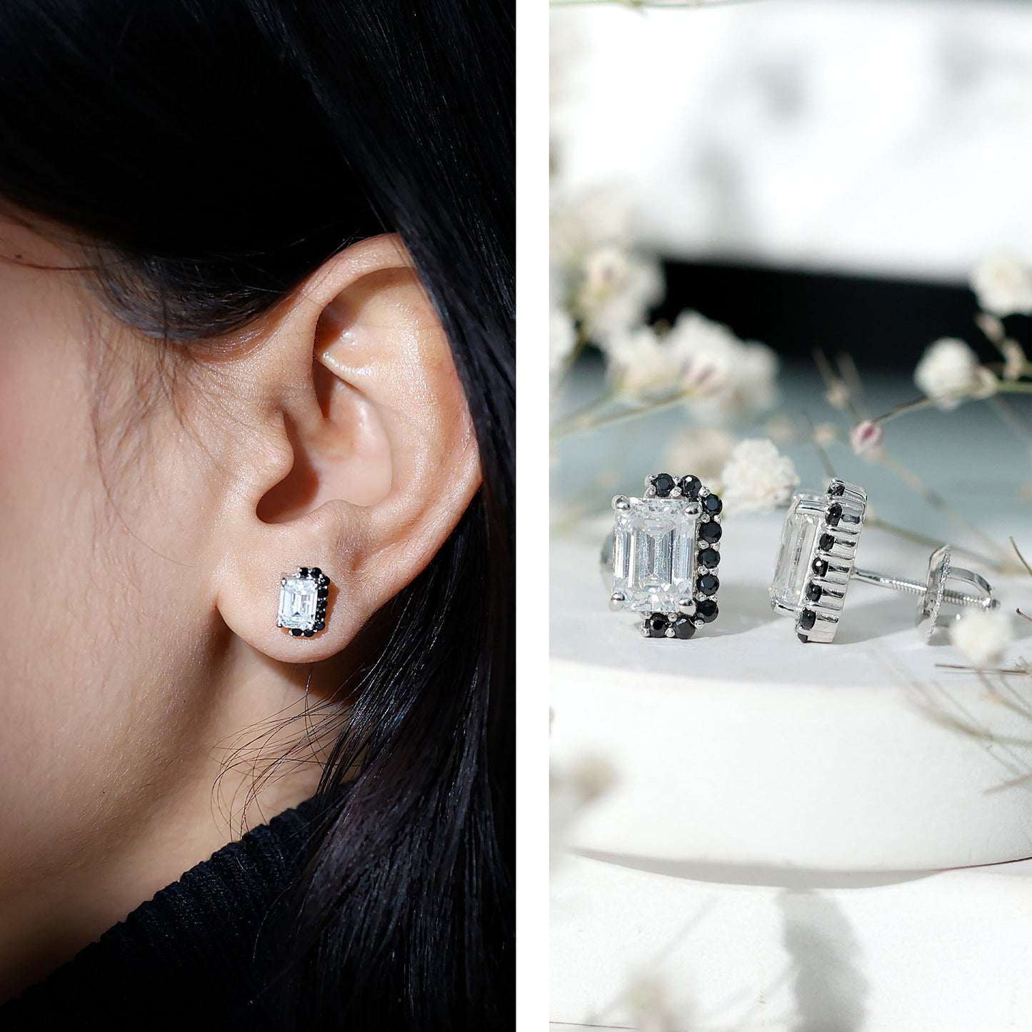 Certified 3.4 Carat Moissanite Stud Earrings with Lab Grown Black Diamond