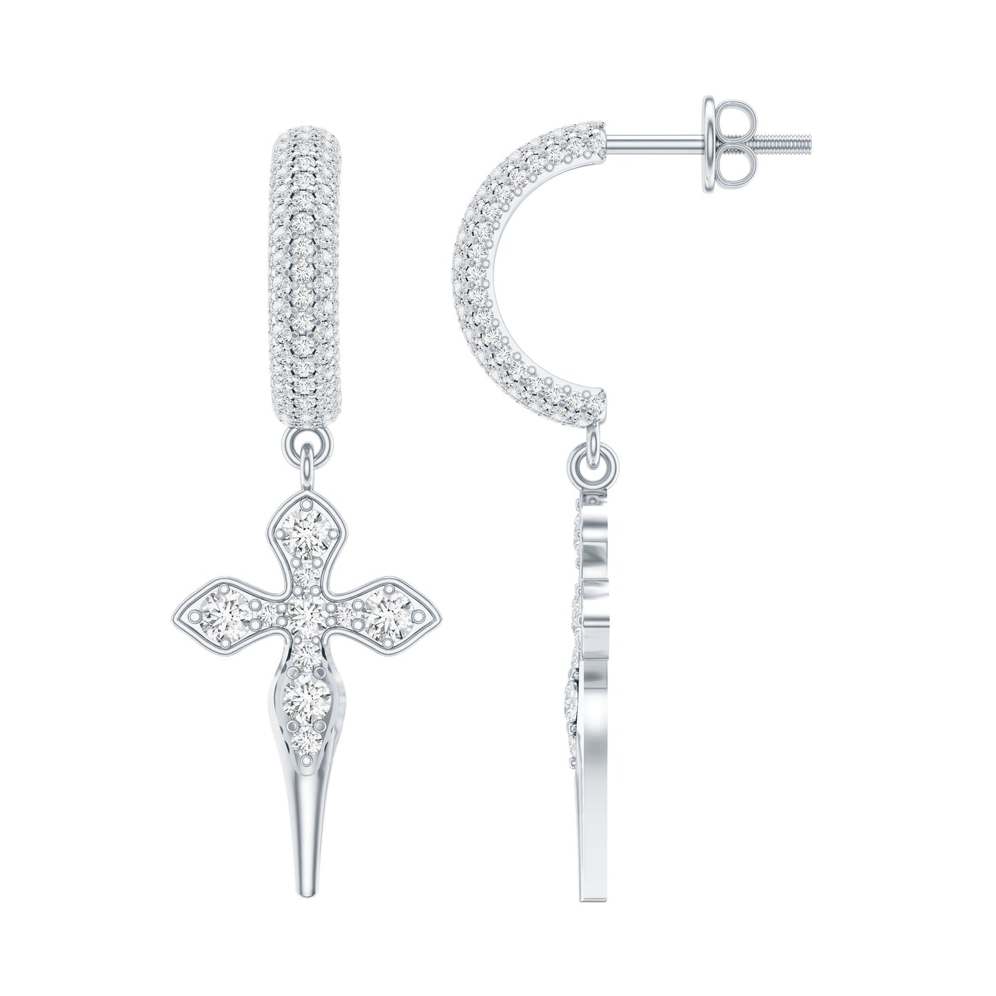 Vintage Inspired Moissanite Cross Dangle Earrings in Silver