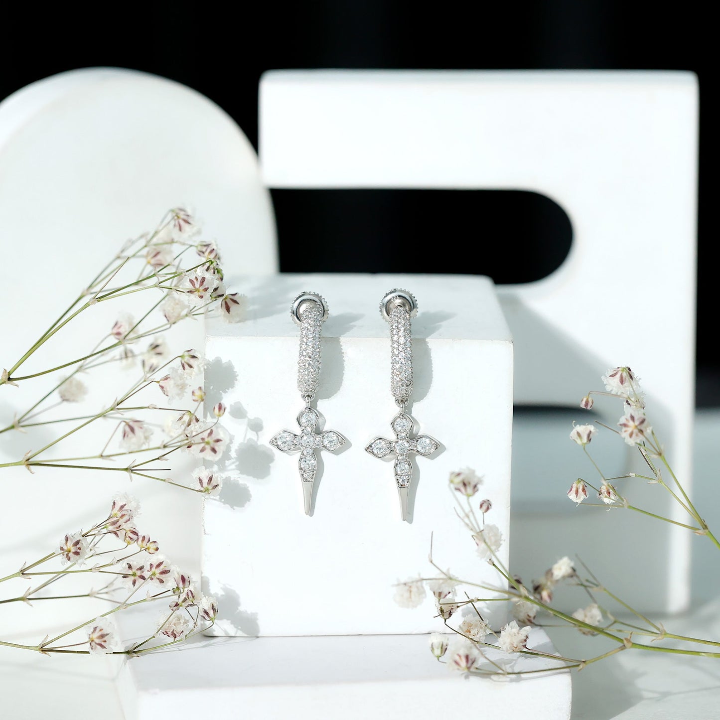 Vintage Inspired Moissanite Cross Dangle Earrings in Silver