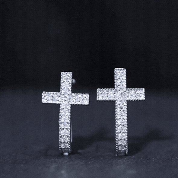 Certified Moissanite Cross J Hoop Earrings in Sterling Silver
