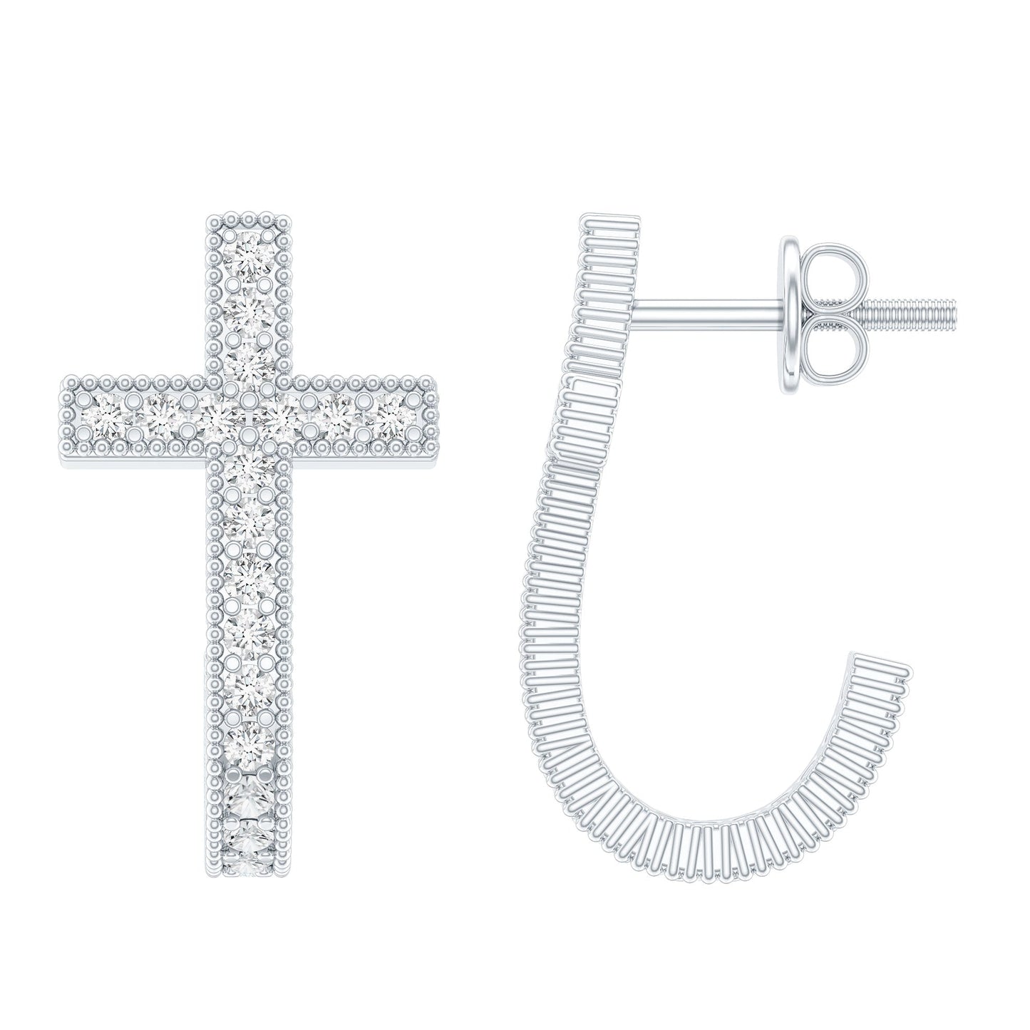 Certified Moissanite Cross J Hoop Earrings in Sterling Silver