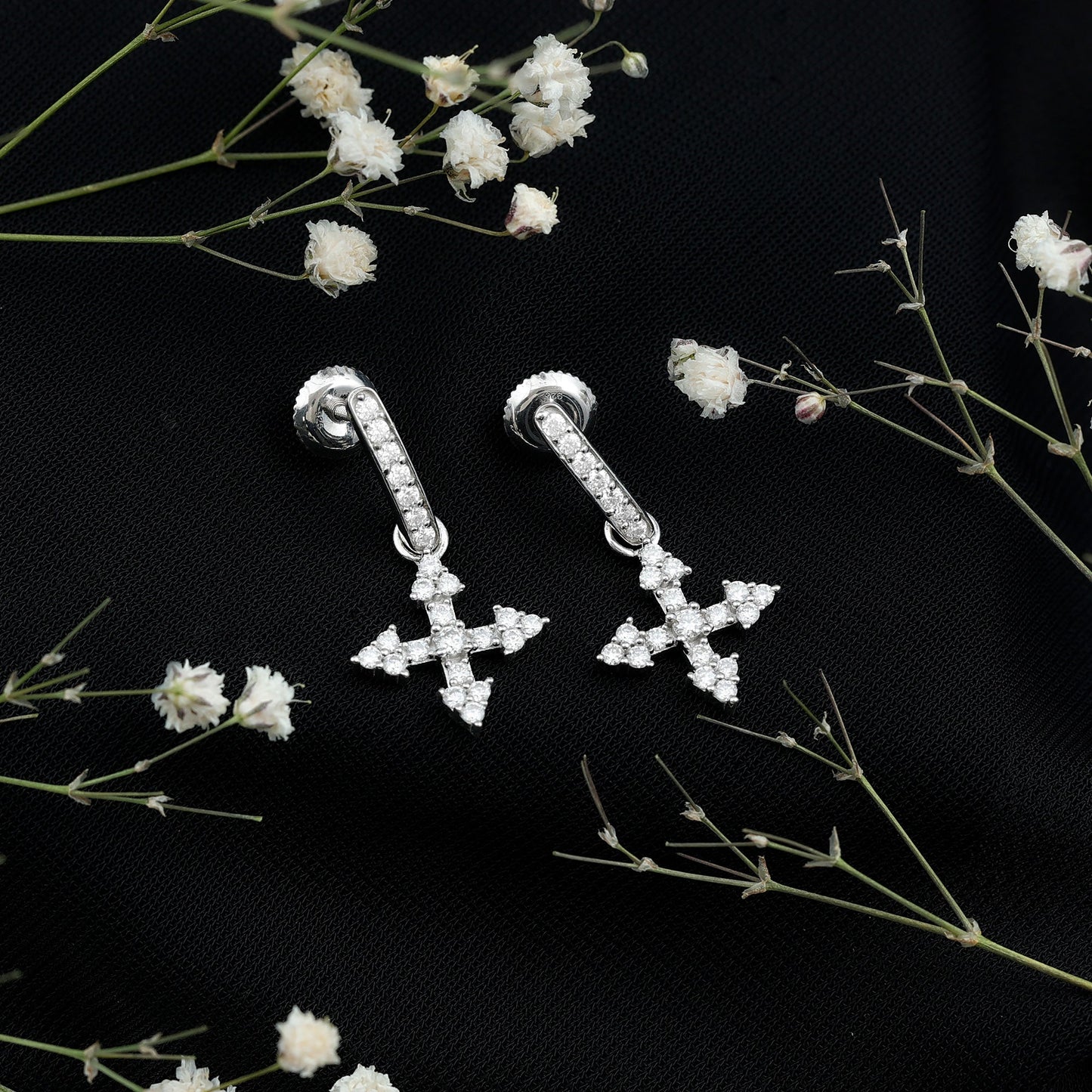 Certified Moissanite Cross Drop Earrings in Sterling Silver