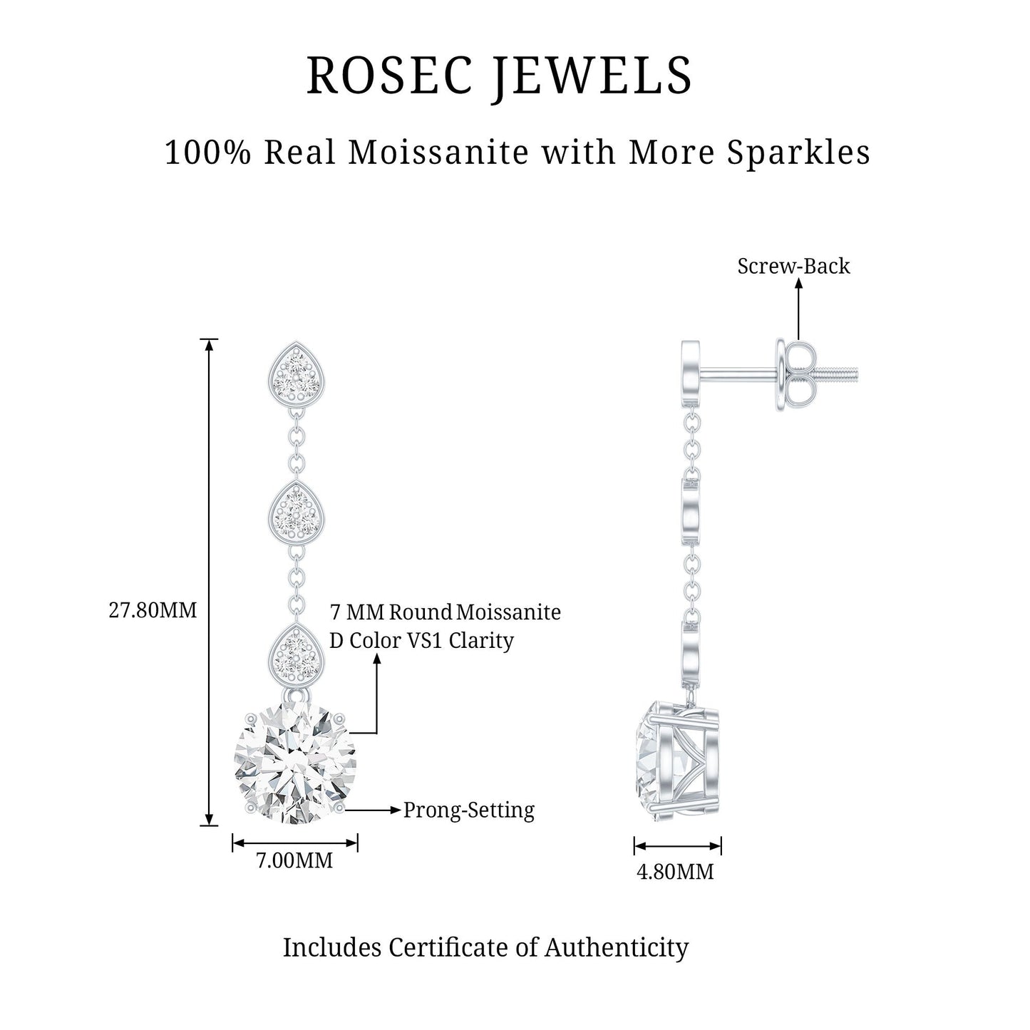 Certified 2.7 Carat Moissanite Dangling Earrings in Silver
