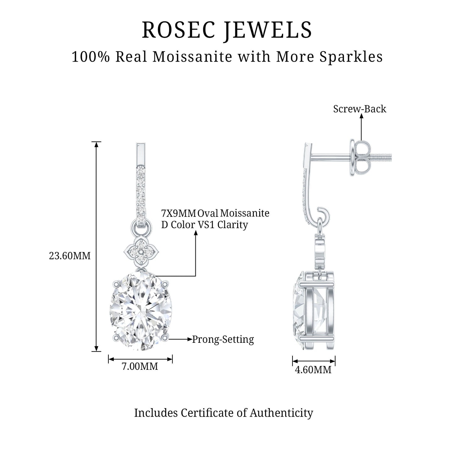 Certified Oval Shaped 4 Carat Moissanite Dangle Drop Earrings for Women