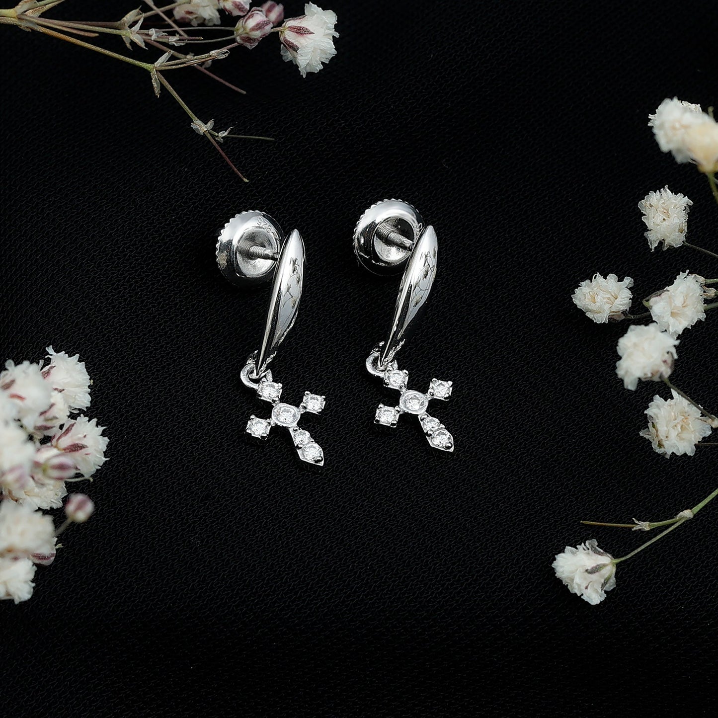 Minimalist Moissanite Cross Drop Earrings in Sterling Silver