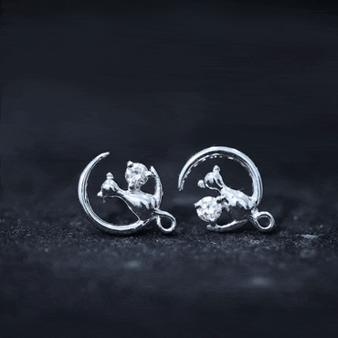 Diamond Cat Moon Stud Earrings for Women