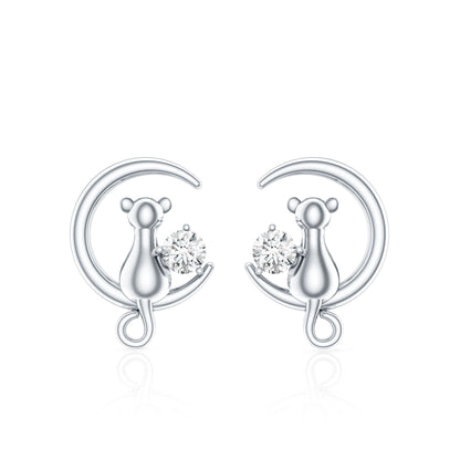 Diamond Cat Moon Stud Earrings for Women