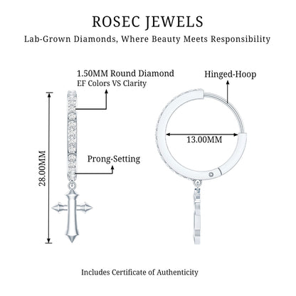 Certified Diamond Cross Drop Hoop Earrings