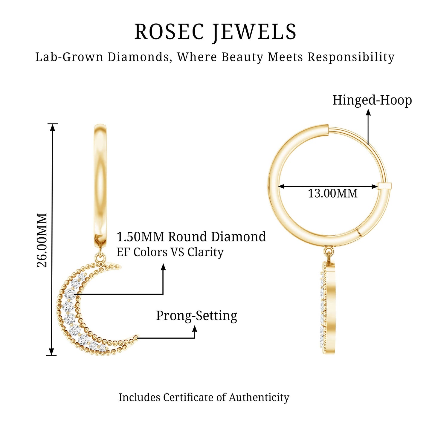 Certified Diamond Moon Drop Hoop Earrings