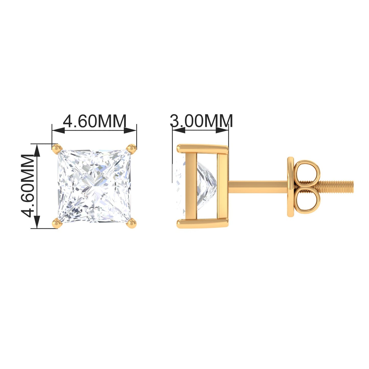 Natural Princess Cut Diamond Stud Earrings with Certificate