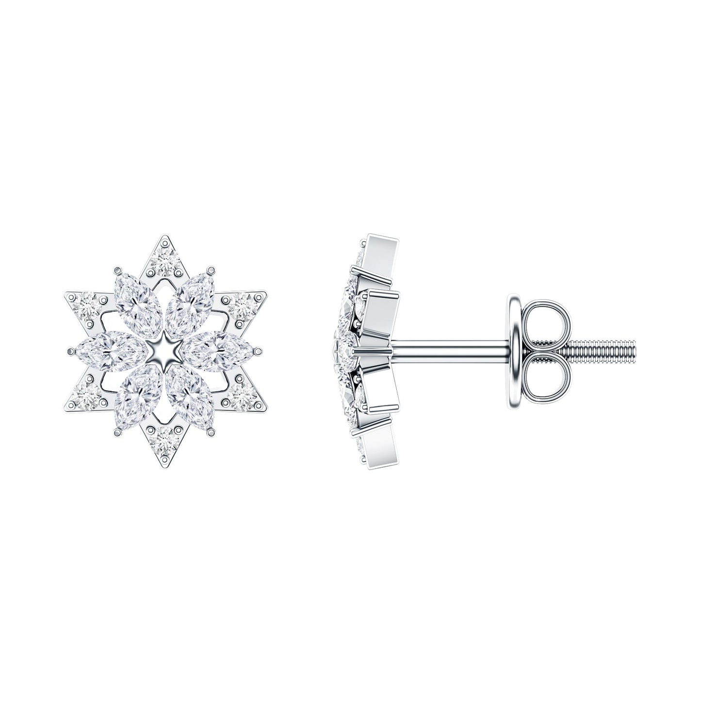 Round Diamond Flower Stud Earrings With Screw Back
