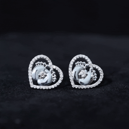 Diamond Heart Stud Earrings with Baby Feet