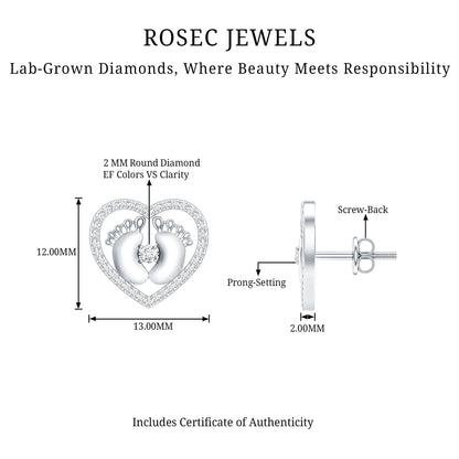 Diamond Heart Stud Earrings with Baby Feet